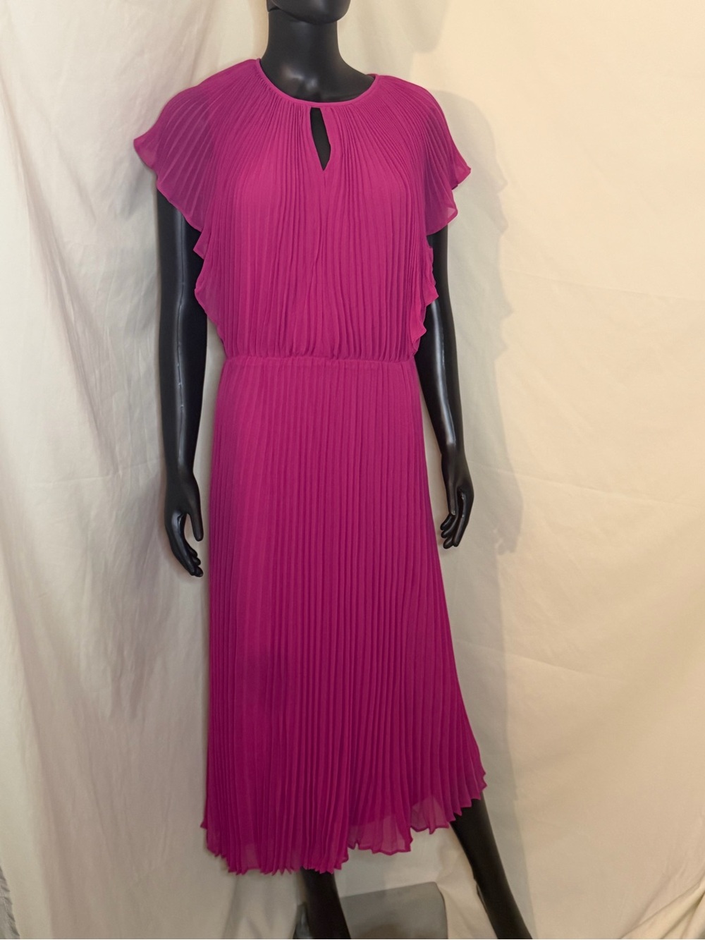 Ann Taylor Pleated Magenta Midi Dress with Flutter Sleeves